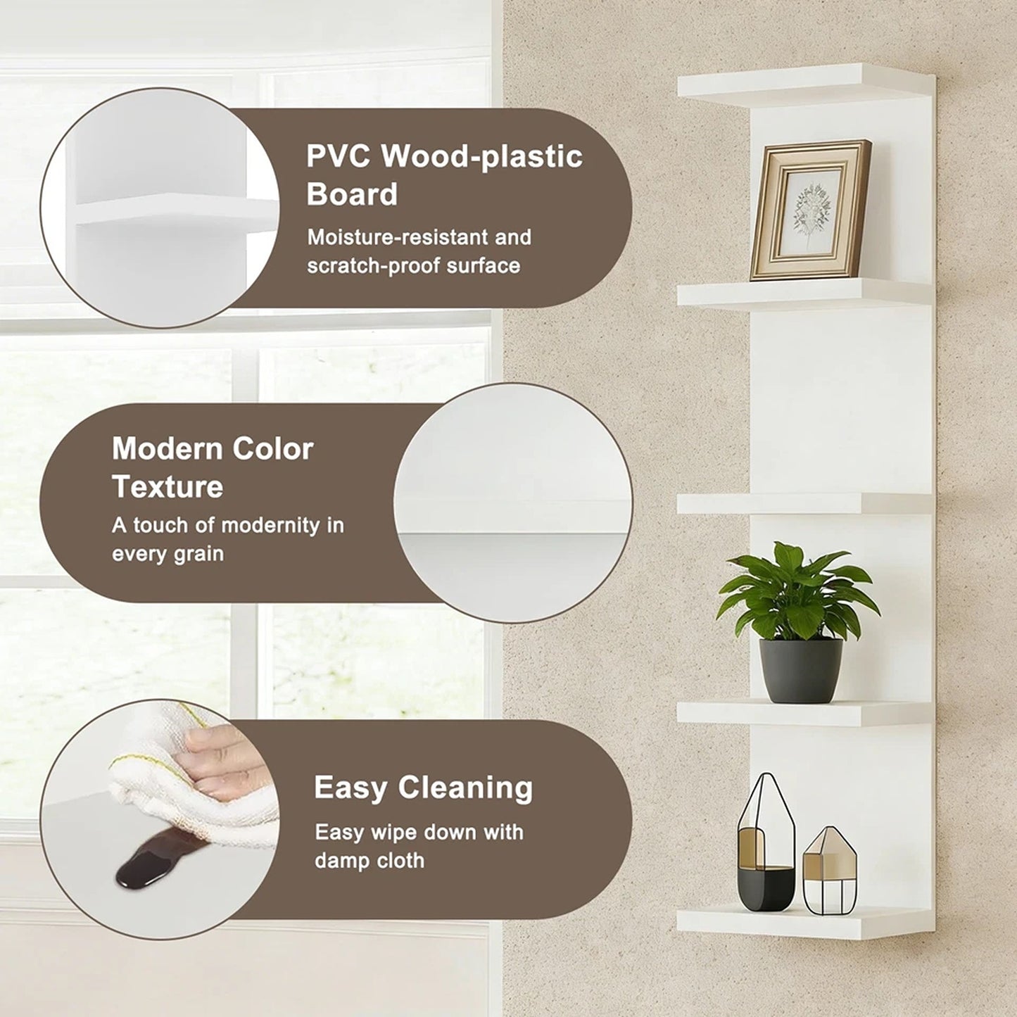 White 5 Tier Floating Wall Shelf Unit for Storage and Display