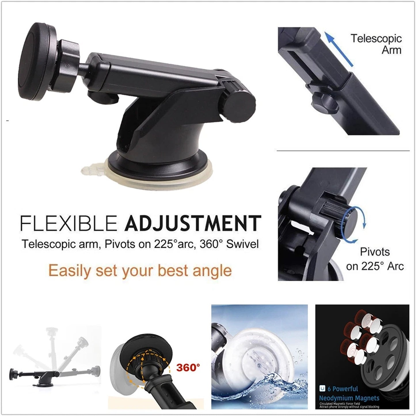 360 Degree Magnetic Car Phone Holder with Telescopic Arm