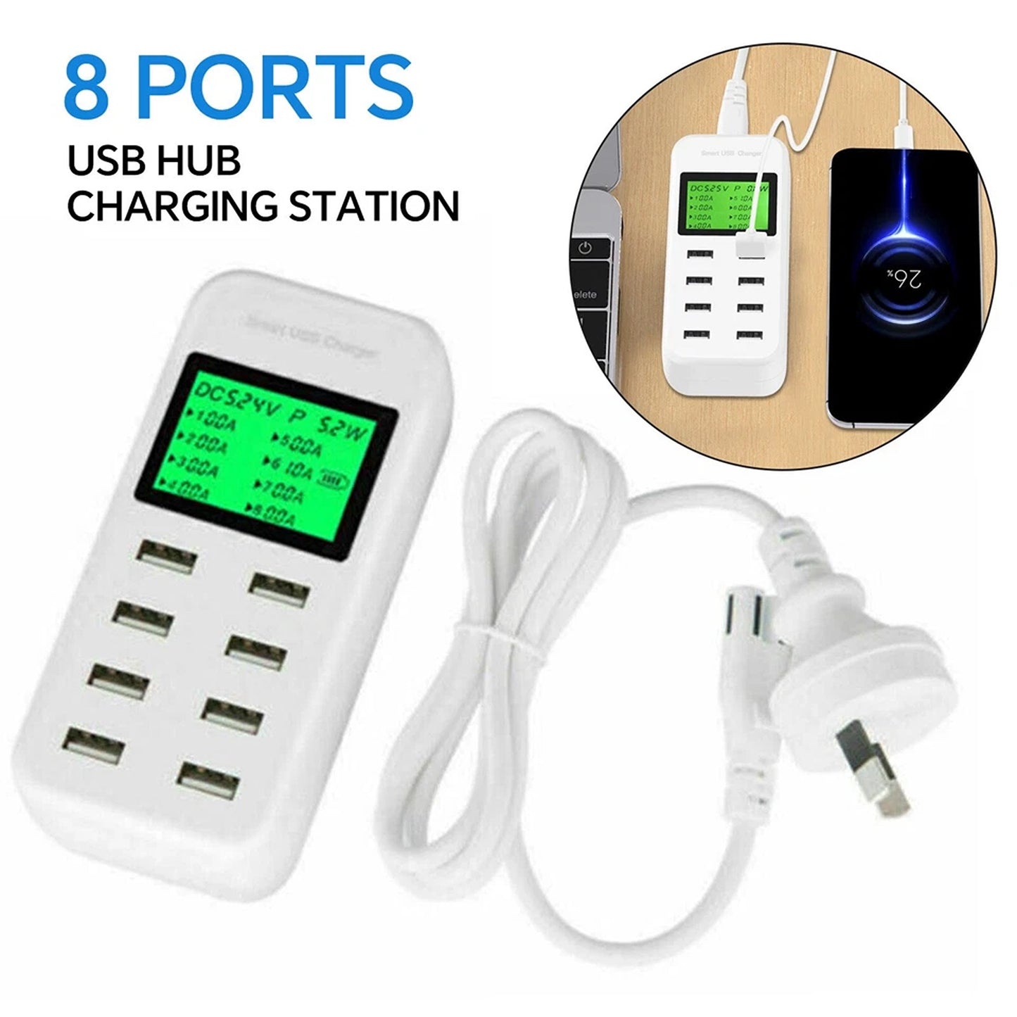 8 Port USB Charging Hub Station Multi Device Charger Dock