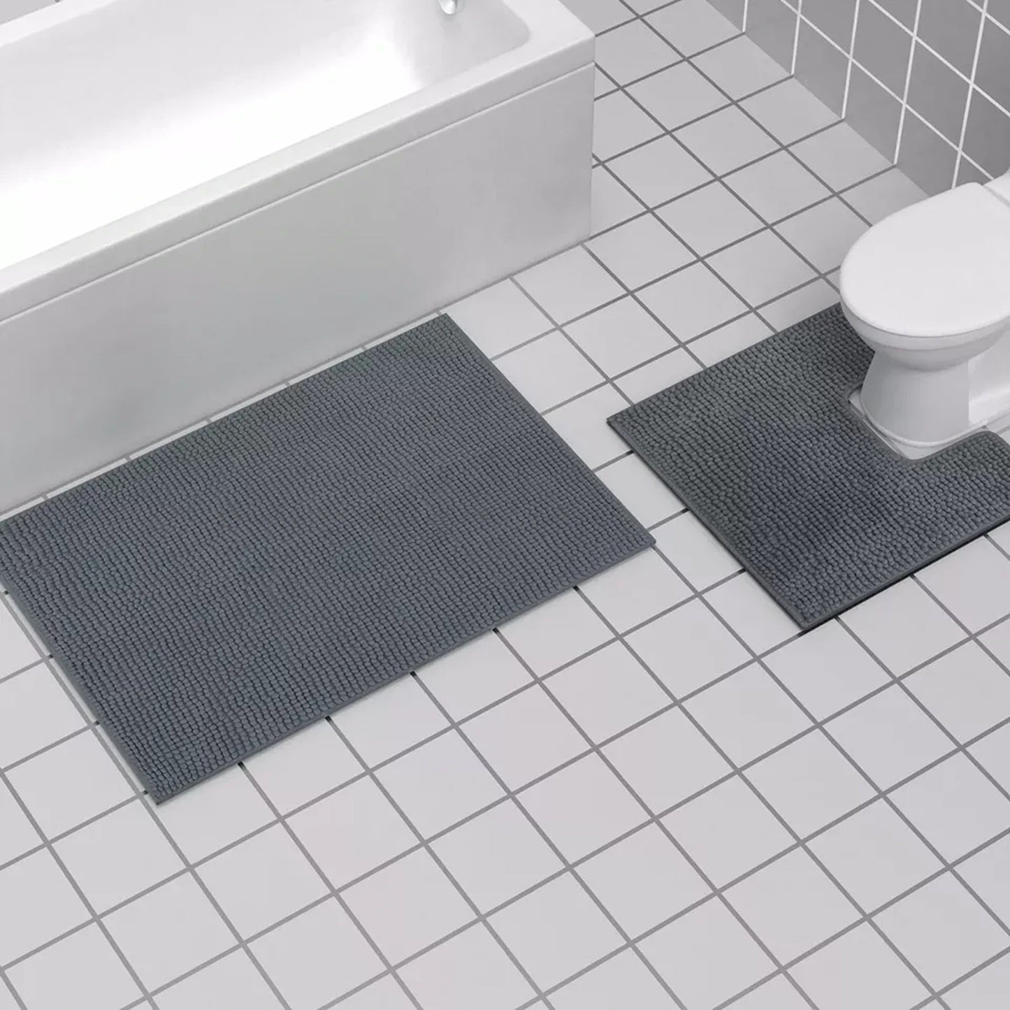 Charcoal Soft Chenille Bathroom and Toilet Floor Mat Set 2 Pieces