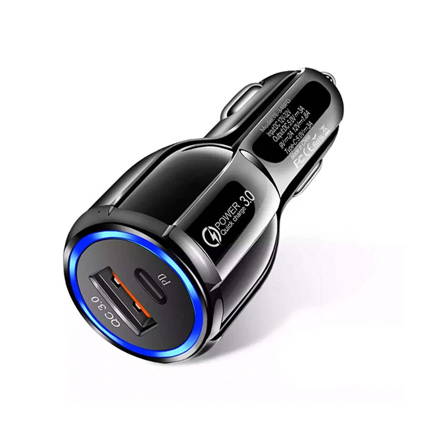 Black QC3.0 USB C Dual Port Fast Car Charger Adapter For iPhone Samsung