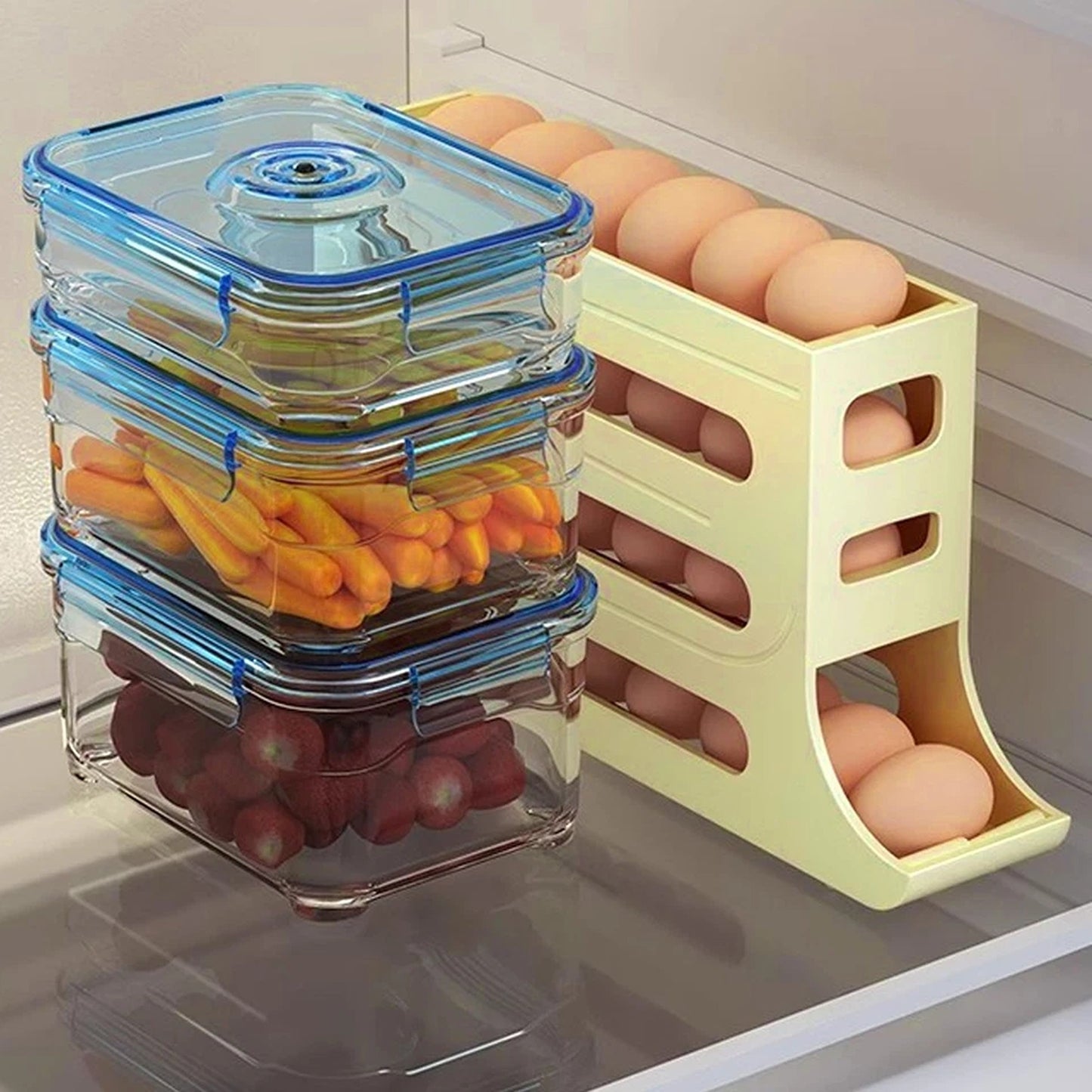 Cream 4-Tier Automatic Egg Dispenser Storage Rack for Refrigerator