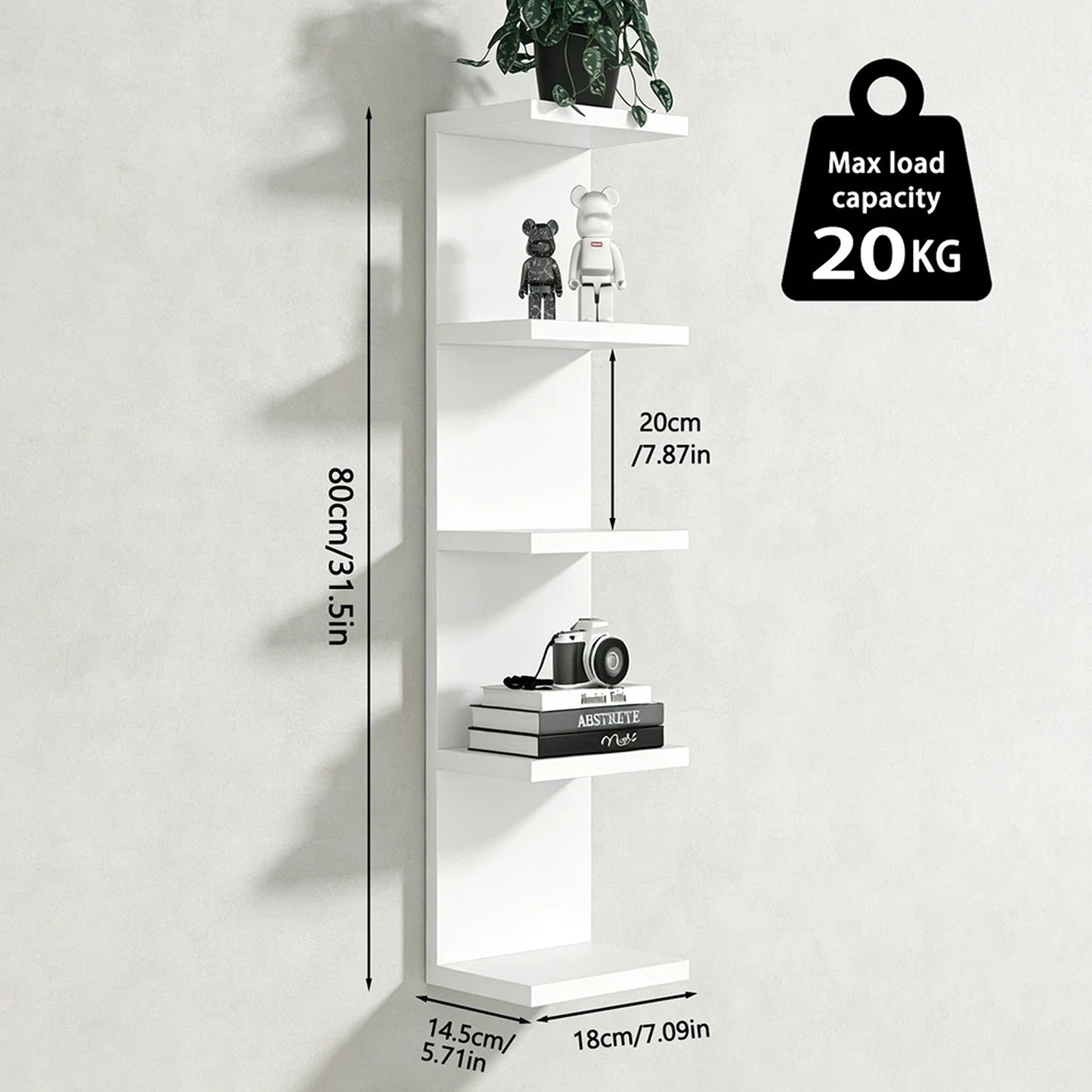 White 5 Tier Floating Wall Shelf Unit for Storage and Display