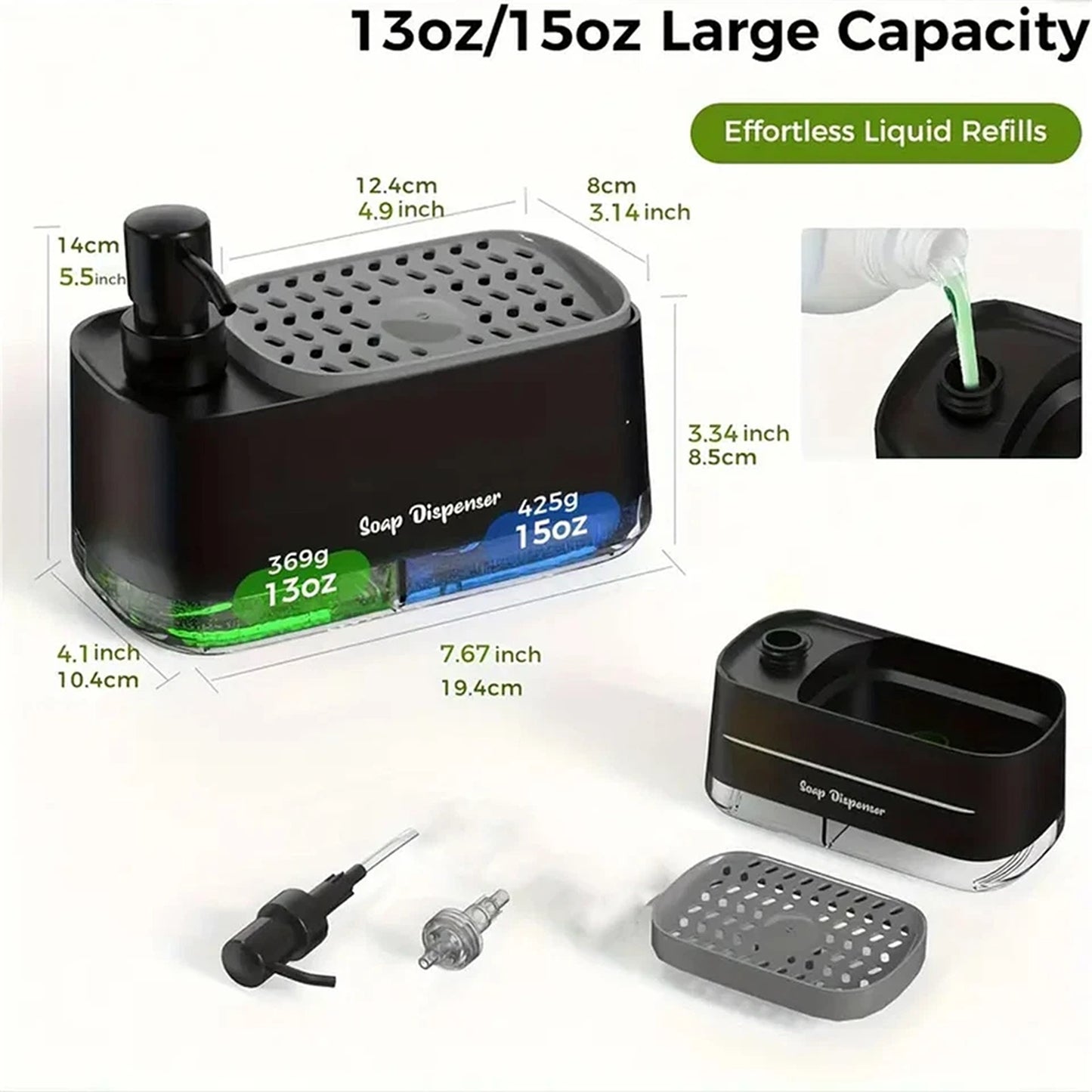 Black 3 in 1 Kitchen Soap Dispenser and Sponge Holder