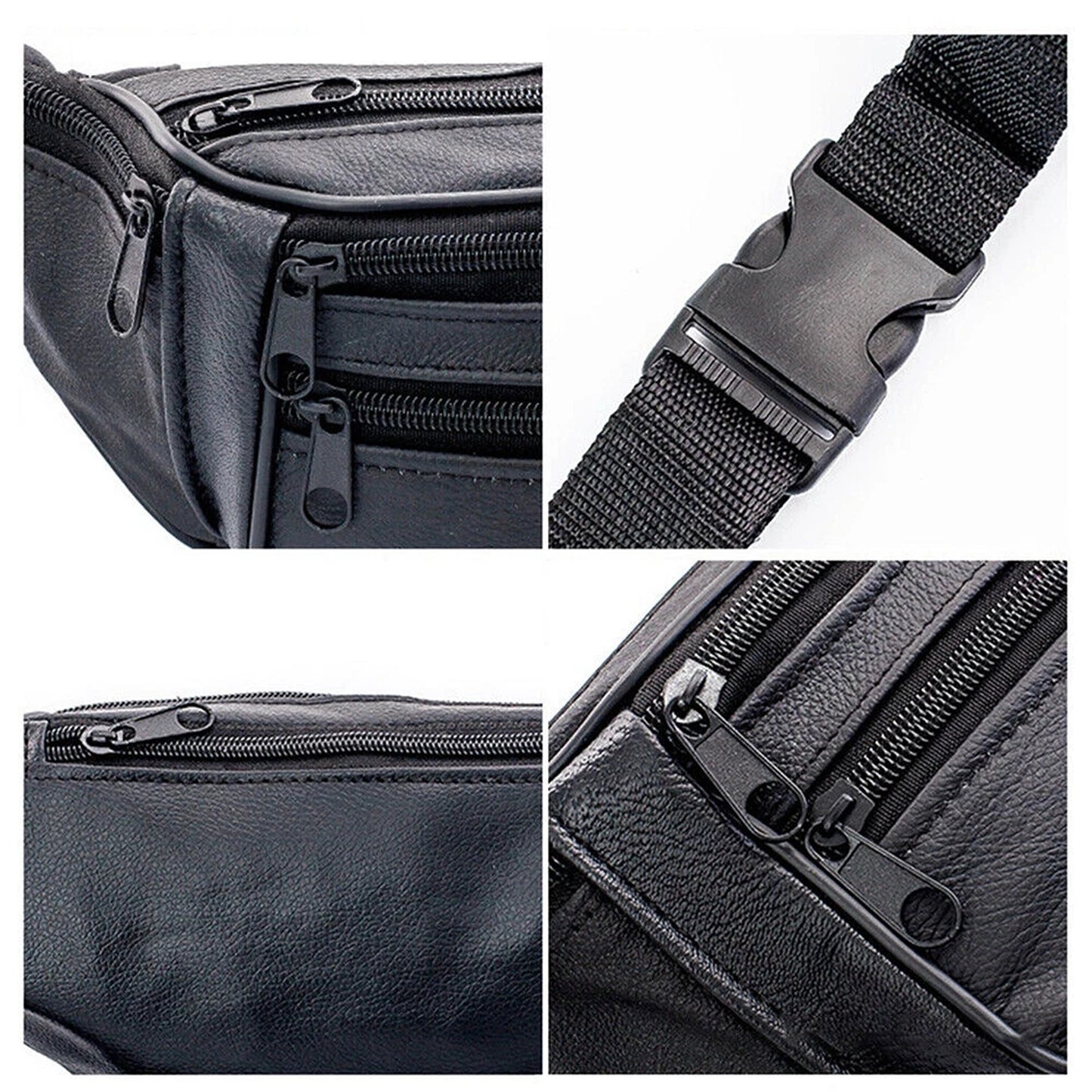 Black Genuine Leather Bum Bag Fanny Pack Travel Waist Belt Wallet