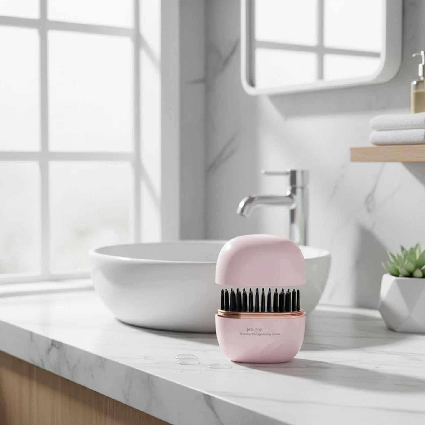 Pink USB Rechargeable Hair Straightener Comb Portable Hot Brush 2 In 1