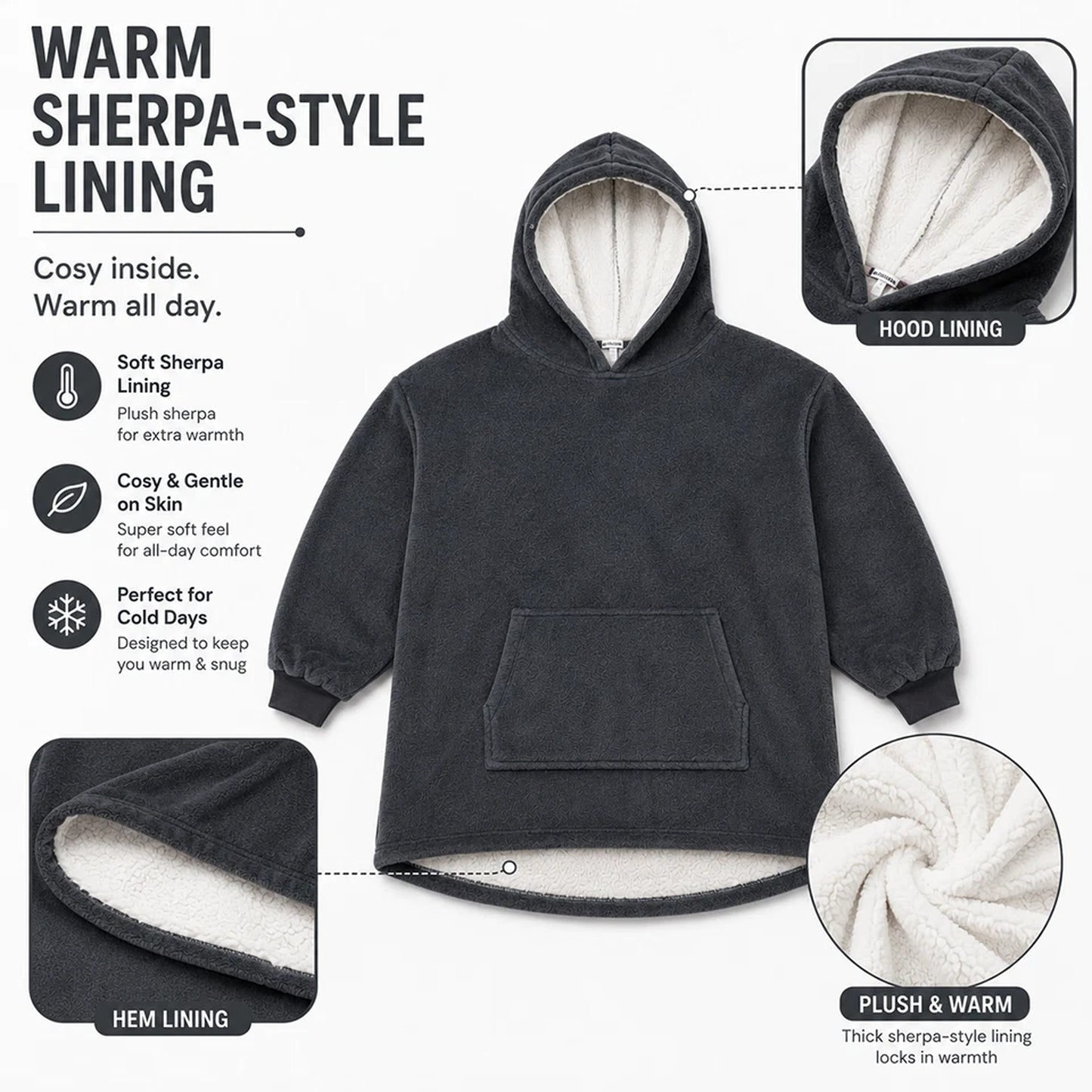 Plain Grey Hooded Blanket Oversized Soft Fleece Wearable Hoodie One Size