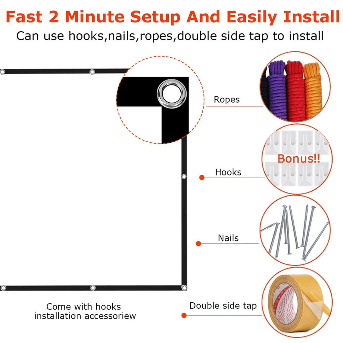 Foldable 120 Inch Projector Screen 16:9 HD Hanging Movie Cinema