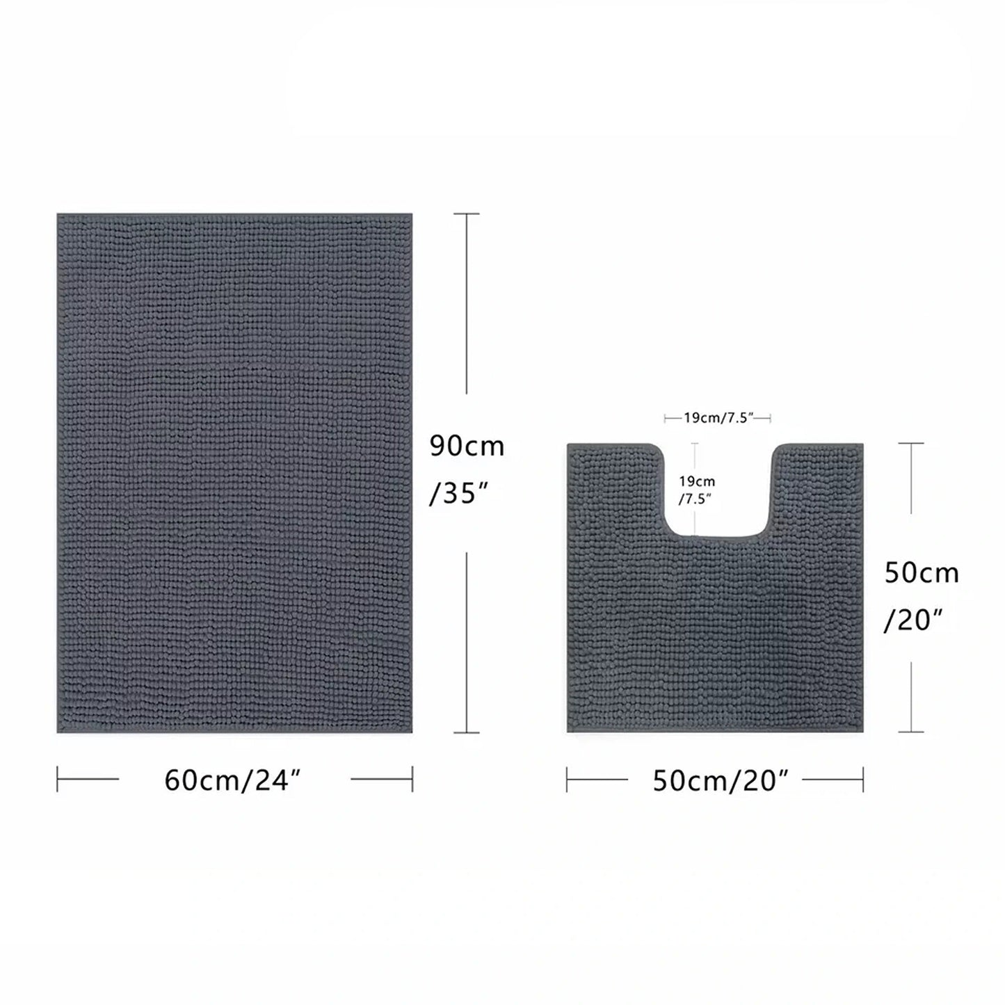 Charcoal Soft Chenille Bathroom and Toilet Floor Mat Set 2 Pieces