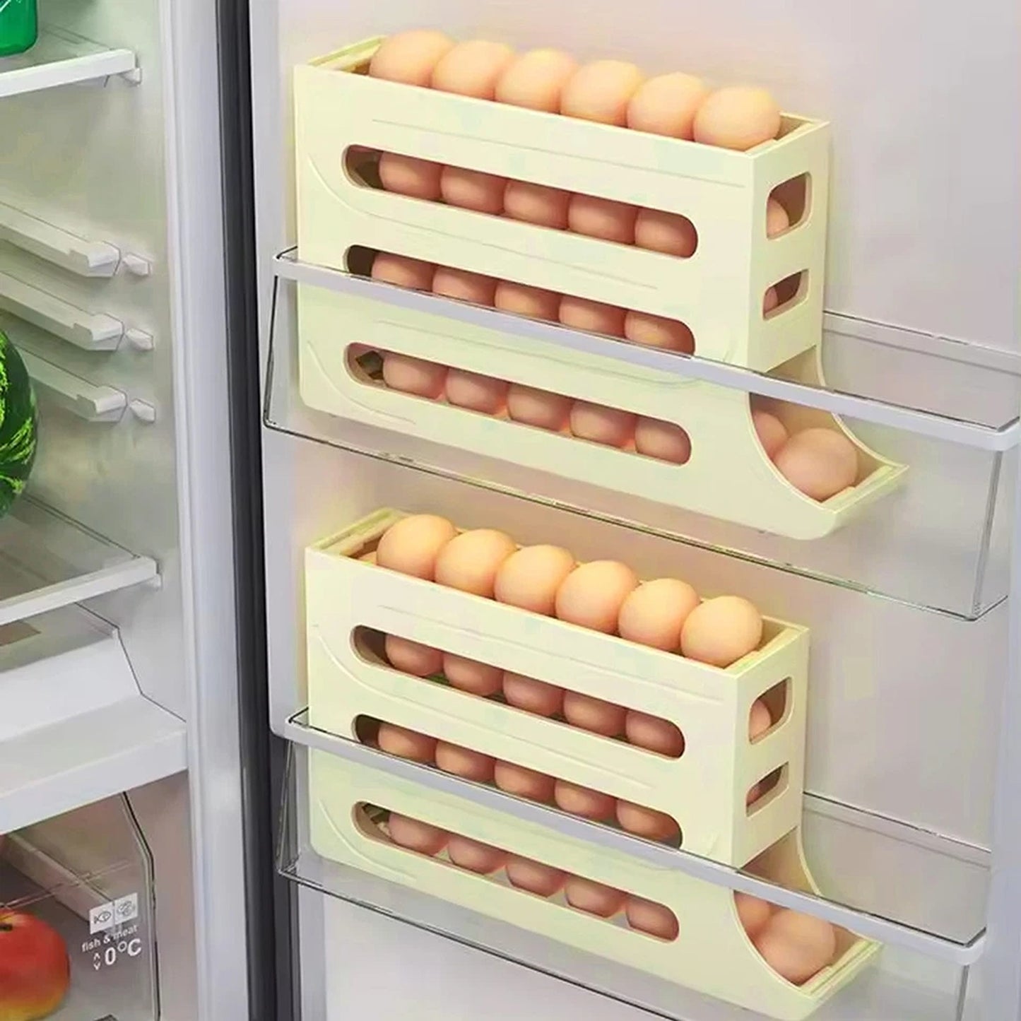 Cream 4-Tier Automatic Egg Dispenser Storage Rack for Refrigerator