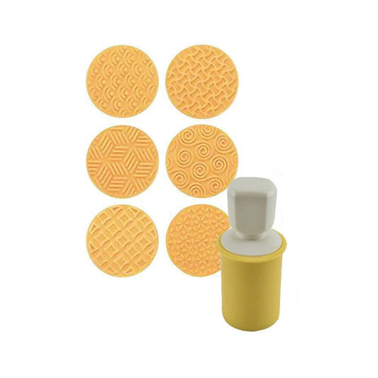 Yellow 6 Piece Biscuit Cookie Stamp Set With 6 Pattern Cutter Molds