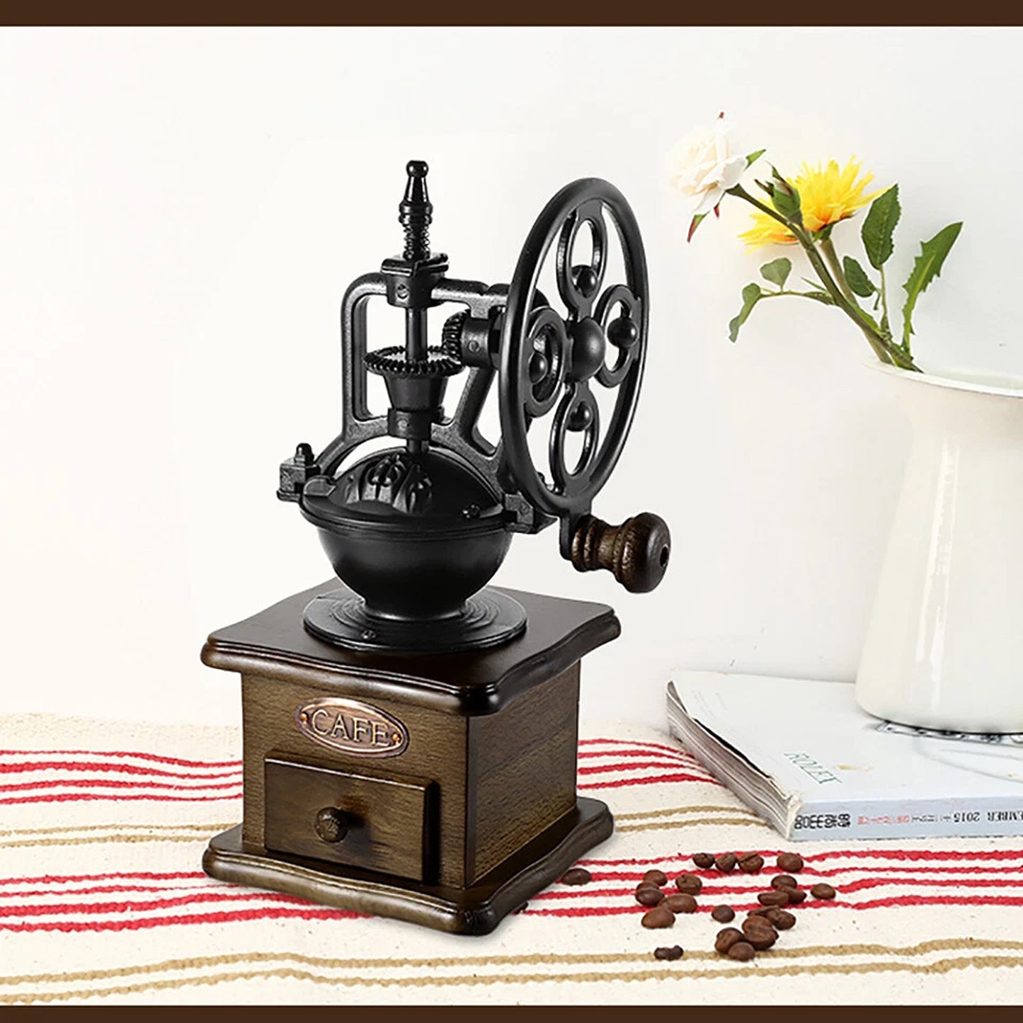 Manual Wooden Coffee Grinder with Cast Iron Burr