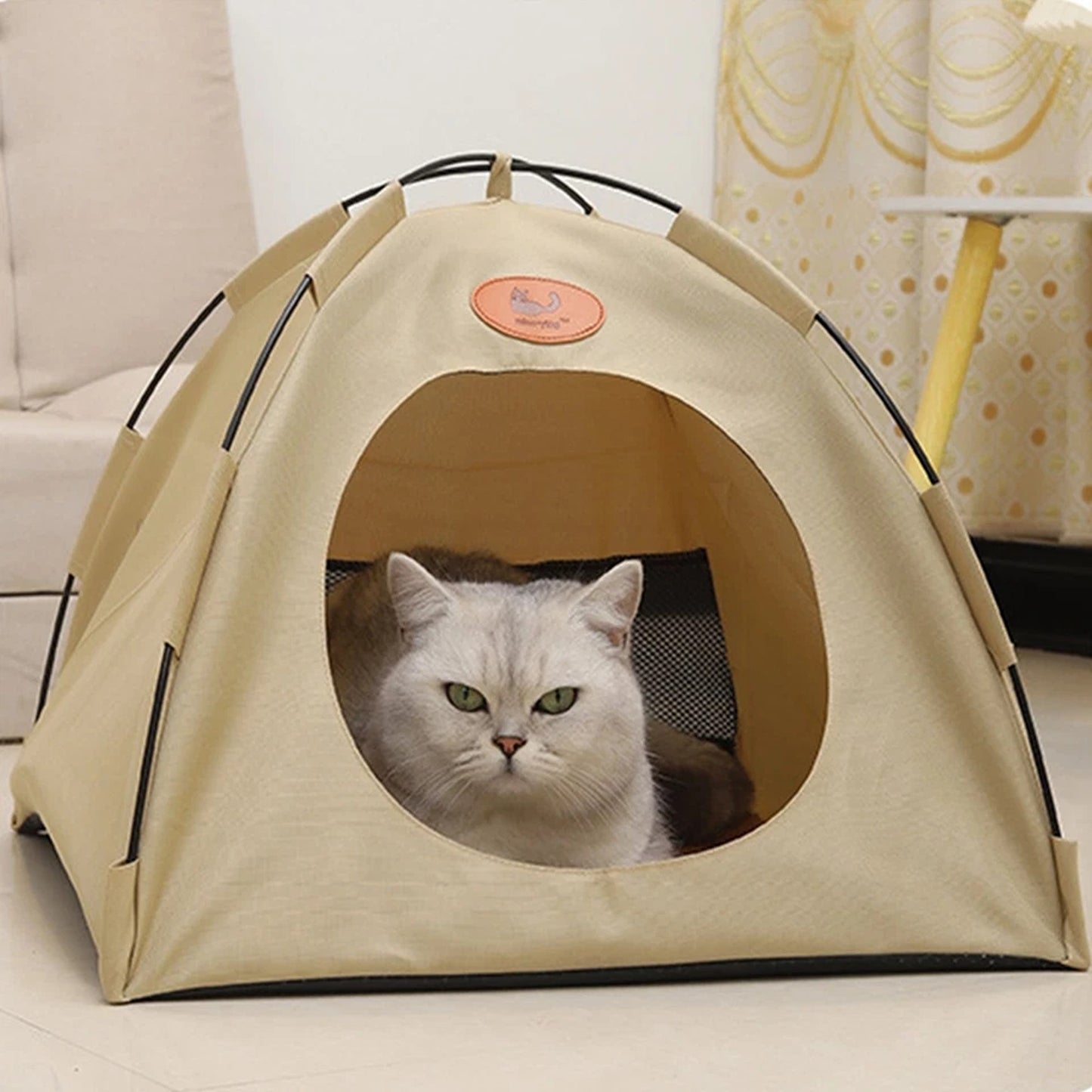 Beige Folding Pet Tent House Warm Bed for Cats and Puppies