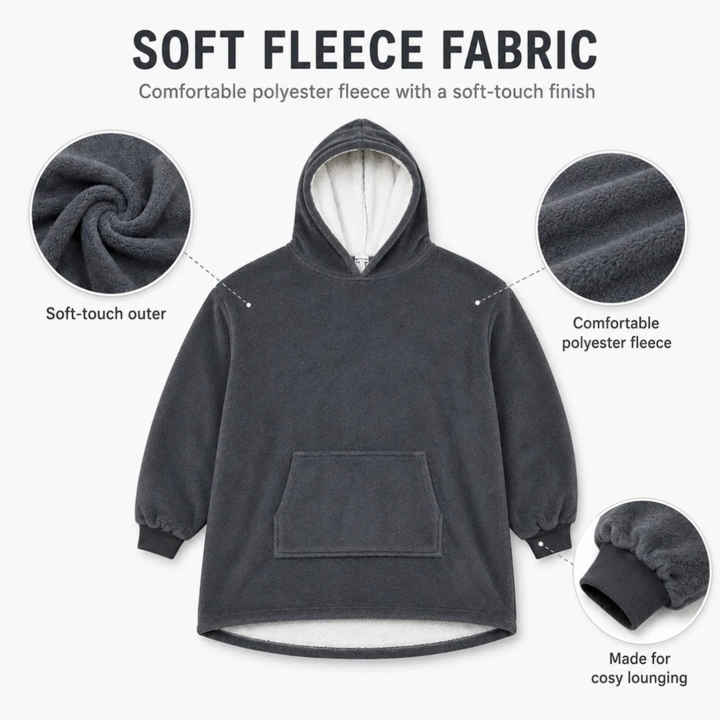 Plain Grey Hooded Blanket Oversized Soft Fleece Wearable Hoodie One Size