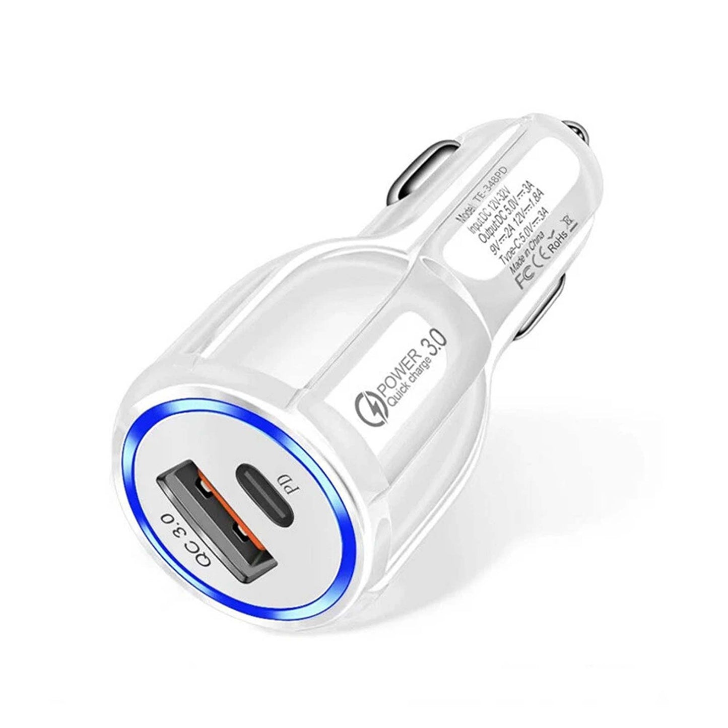White QC3.0 USB C Dual Port Fast Car Charger Adapter For iPhone Samsung