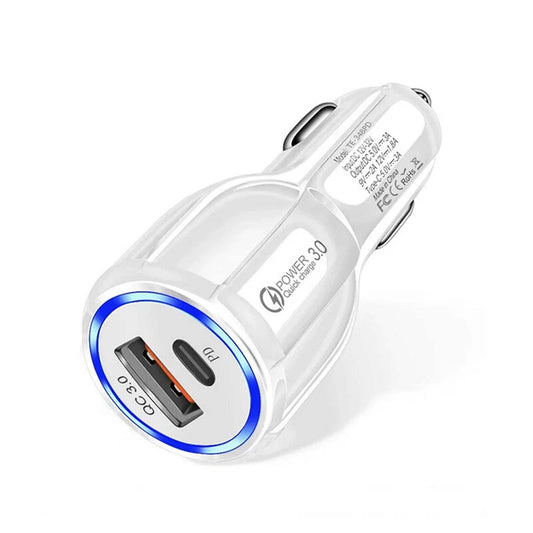White QC3.0 USB C Dual Port Fast Car Charger Adapter For iPhone Samsung