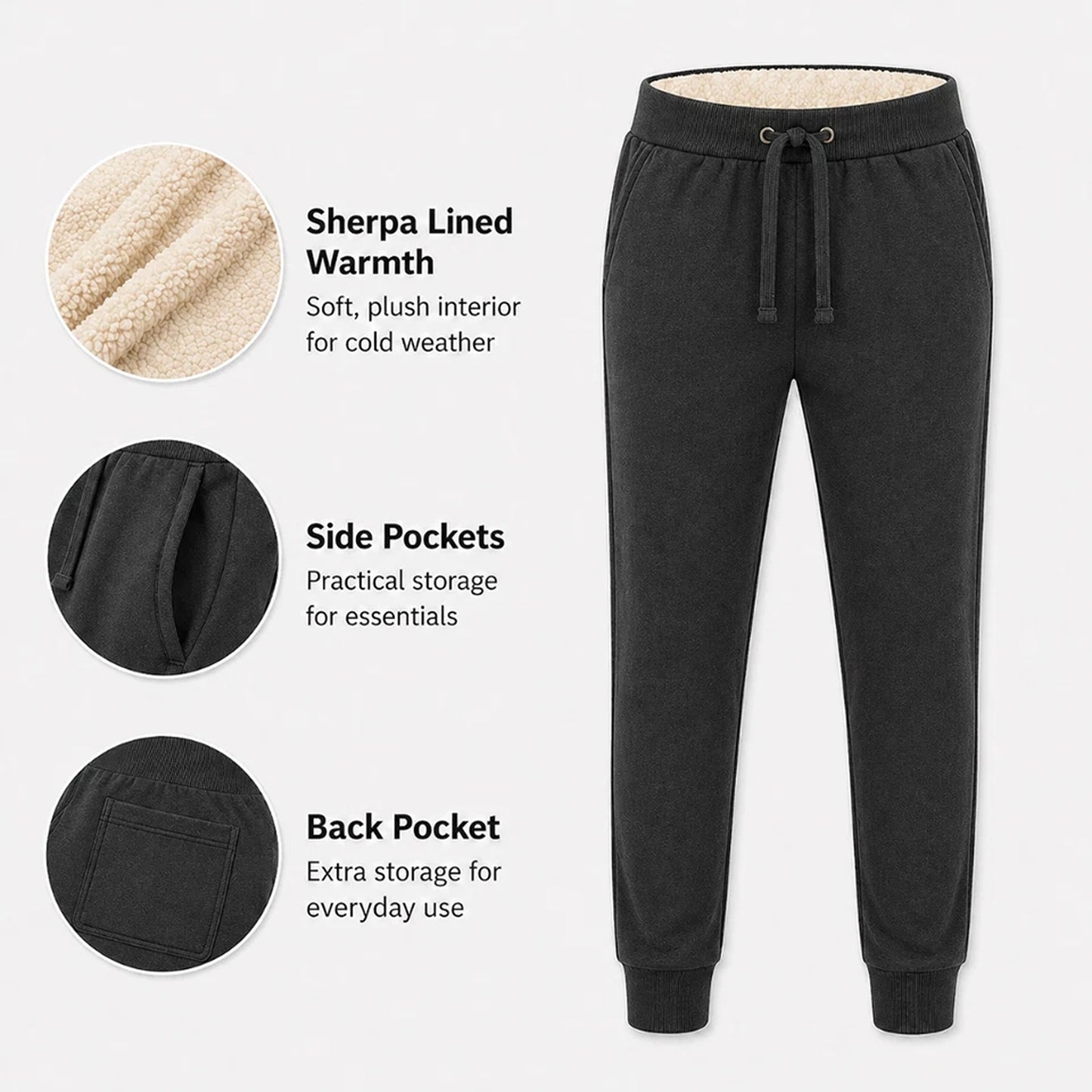 Dark Grey Unisex Sherpa Fleece Lined Track Pants with Cuffed Legs