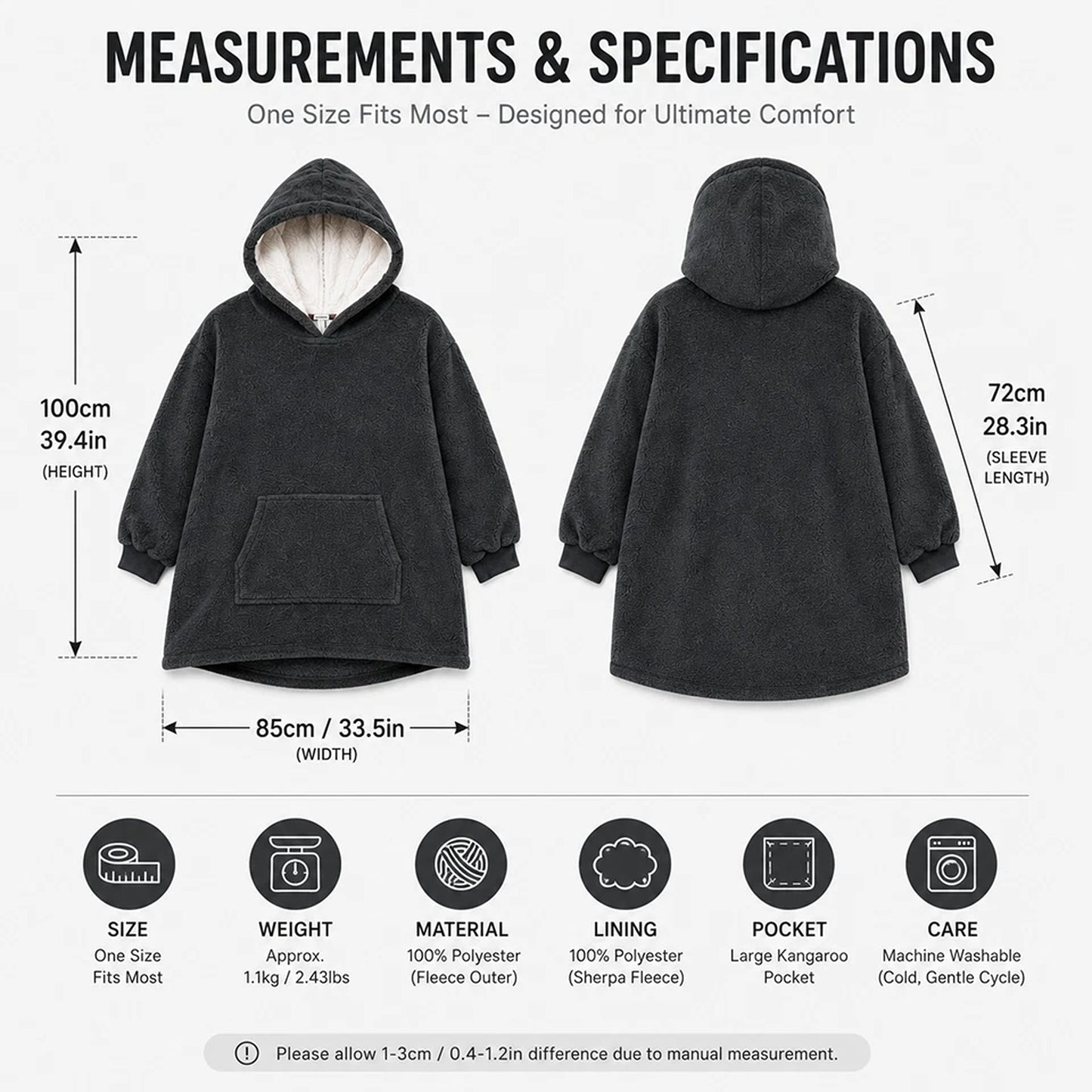 Plain Grey Hooded Blanket Oversized Soft Fleece Wearable Hoodie One Size