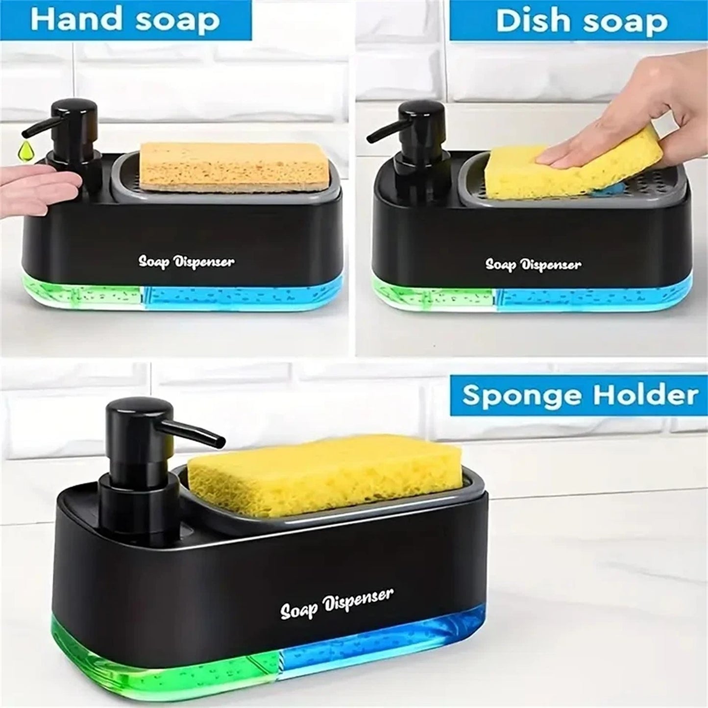 Black 3 in 1 Kitchen Soap Dispenser and Sponge Holder