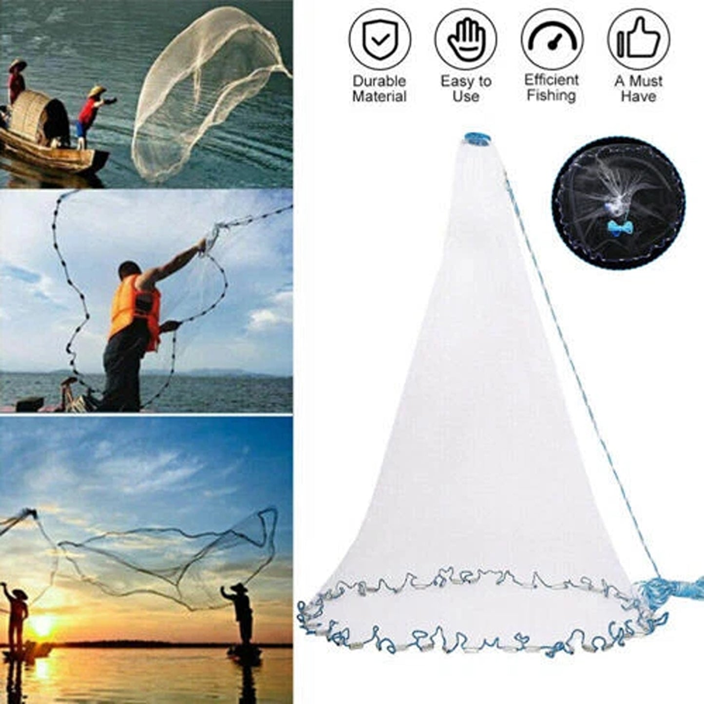 14ft Nylon Fishing Cast Net with Chain Sinkers