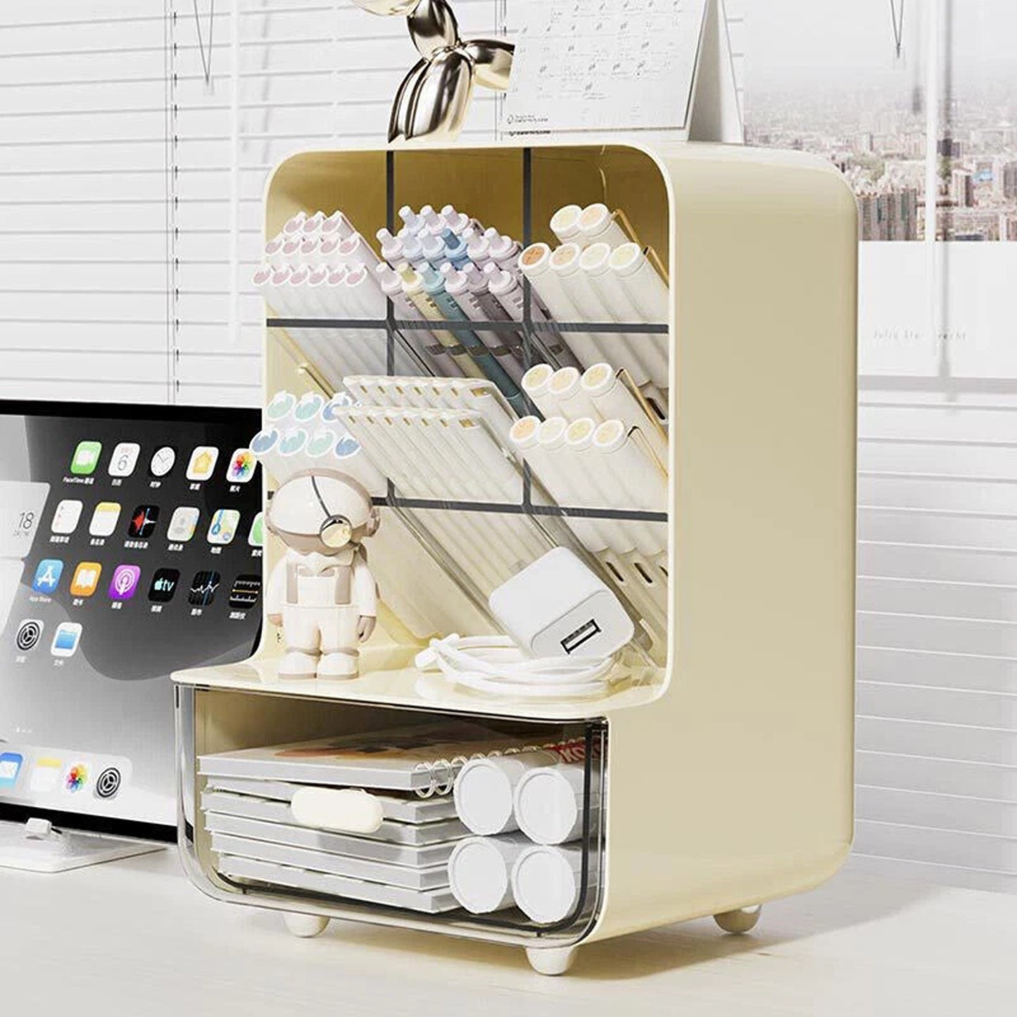 Beige Multi Purpose Desk Organizer for Pens and Stationery