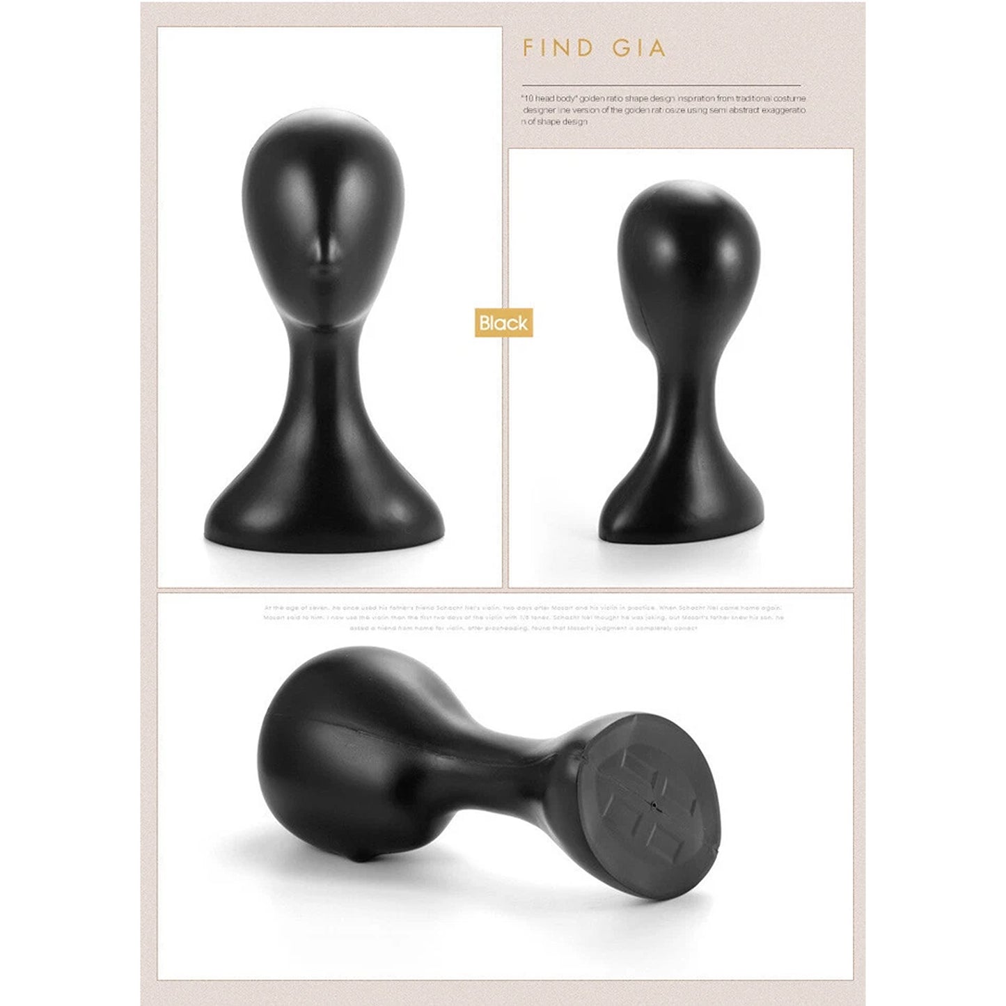 Black Plastic Female Mannequin Head for Wig Hat and Scarf Display