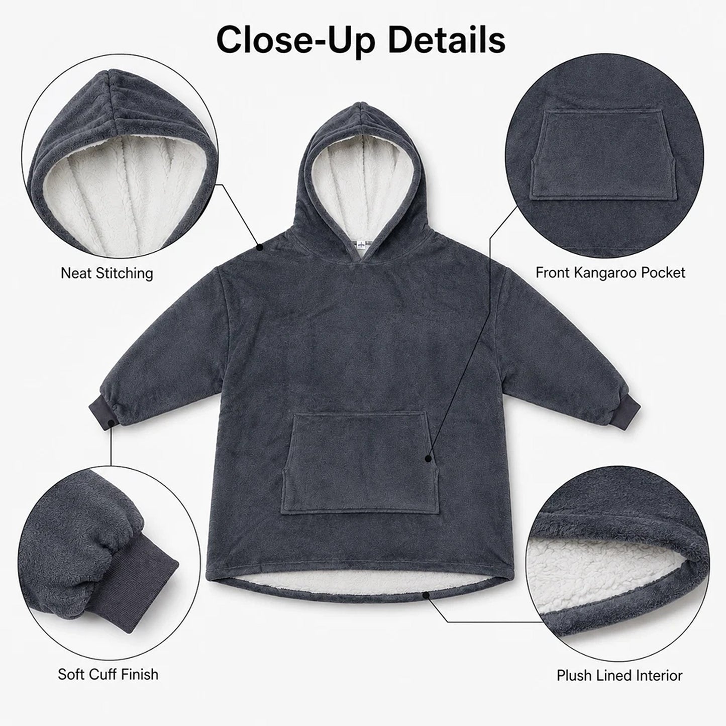 Plain Grey Hooded Blanket Oversized Soft Fleece Wearable Hoodie One Size