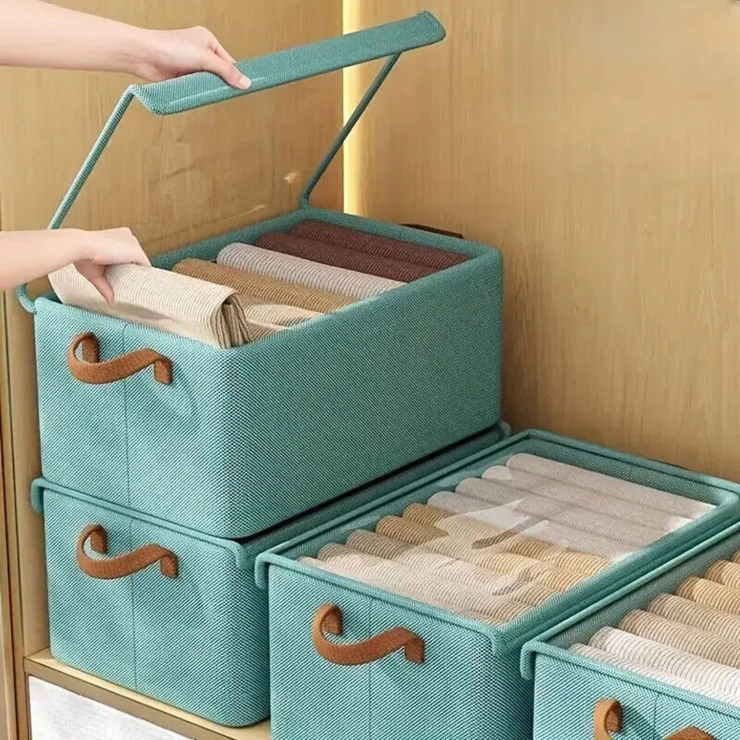 Green Fabric Clothes Storage Organizer Boxes 4 Piece Set