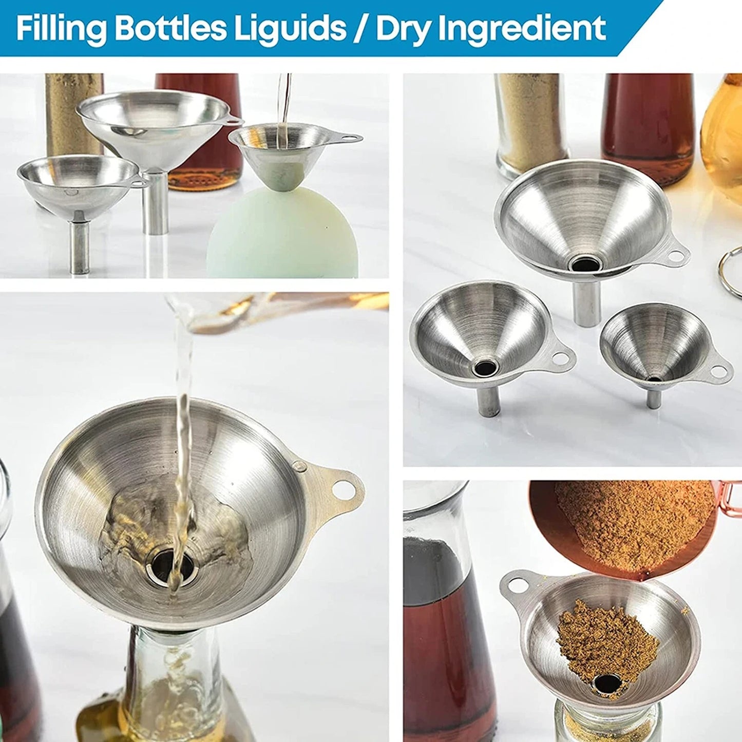 Stainless Steel Funnel Small Medium Large Variety Liquid Kitchen Tool - 3x