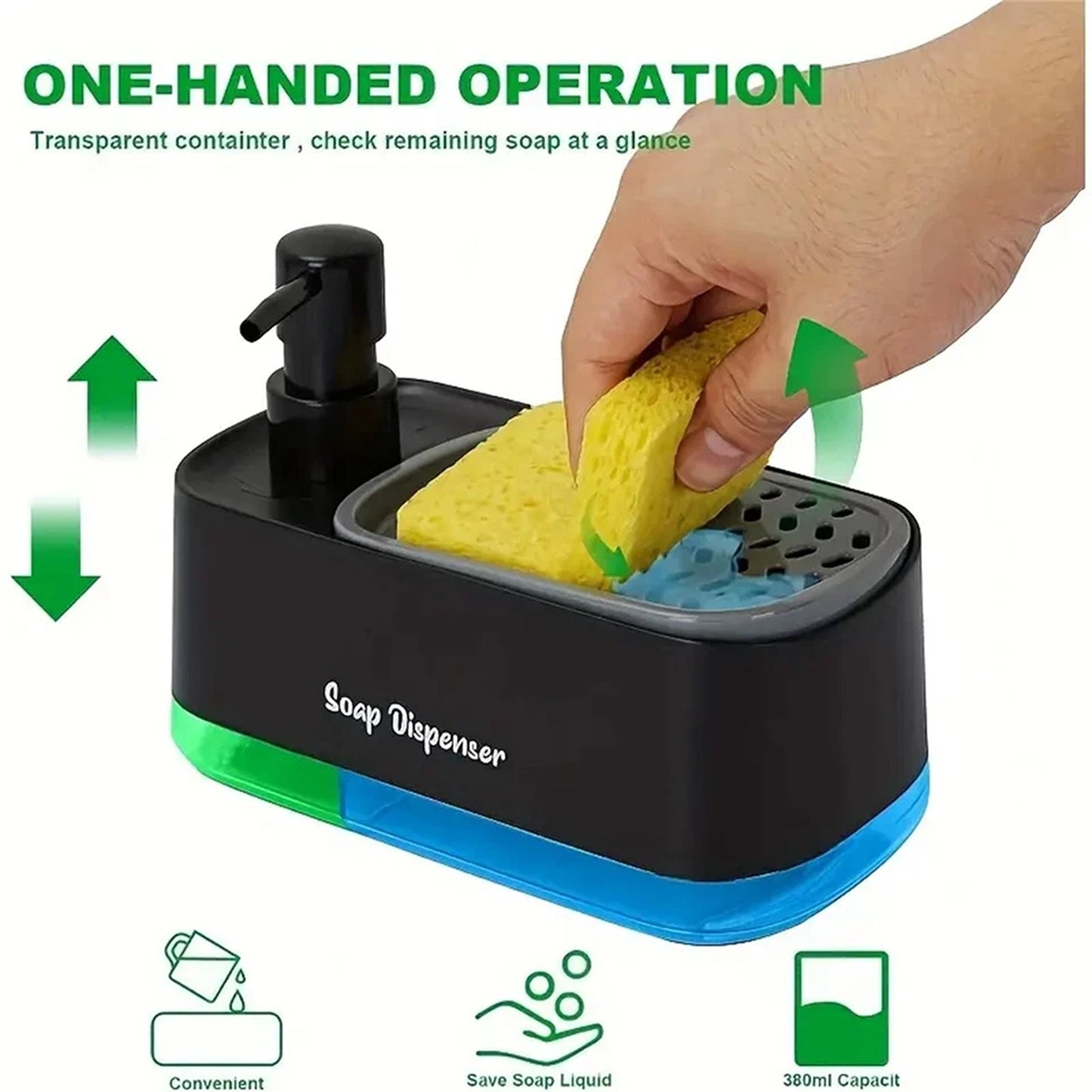 Black 3 in 1 Kitchen Soap Dispenser and Sponge Holder