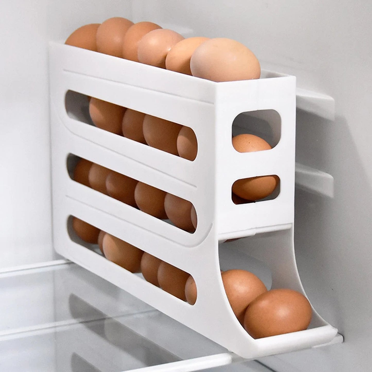 White 4-Tier Automatic Egg Dispenser Storage Rack for Refrigerator