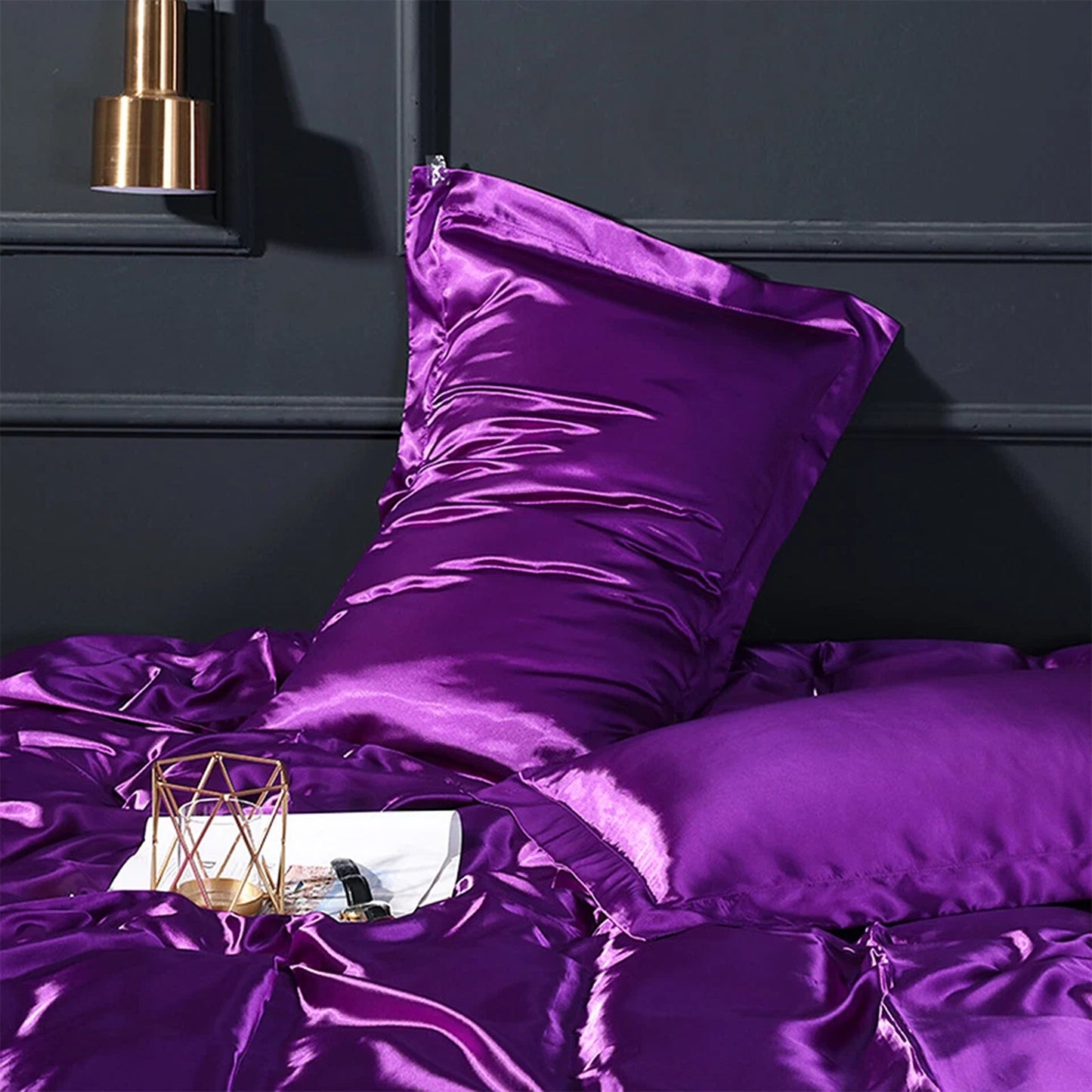 Purple Silk Satin Pillowcase Set Standard Size 2 Pieces