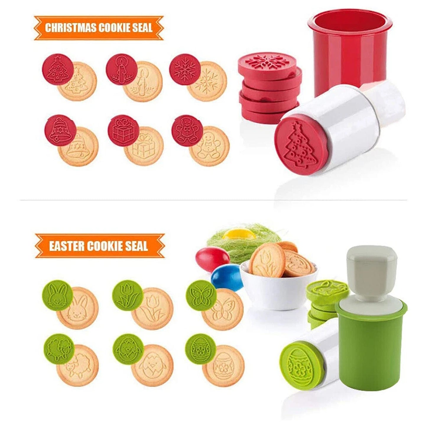 Yellow 6 Piece Biscuit Cookie Stamp Set With 6 Pattern Cutter Molds
