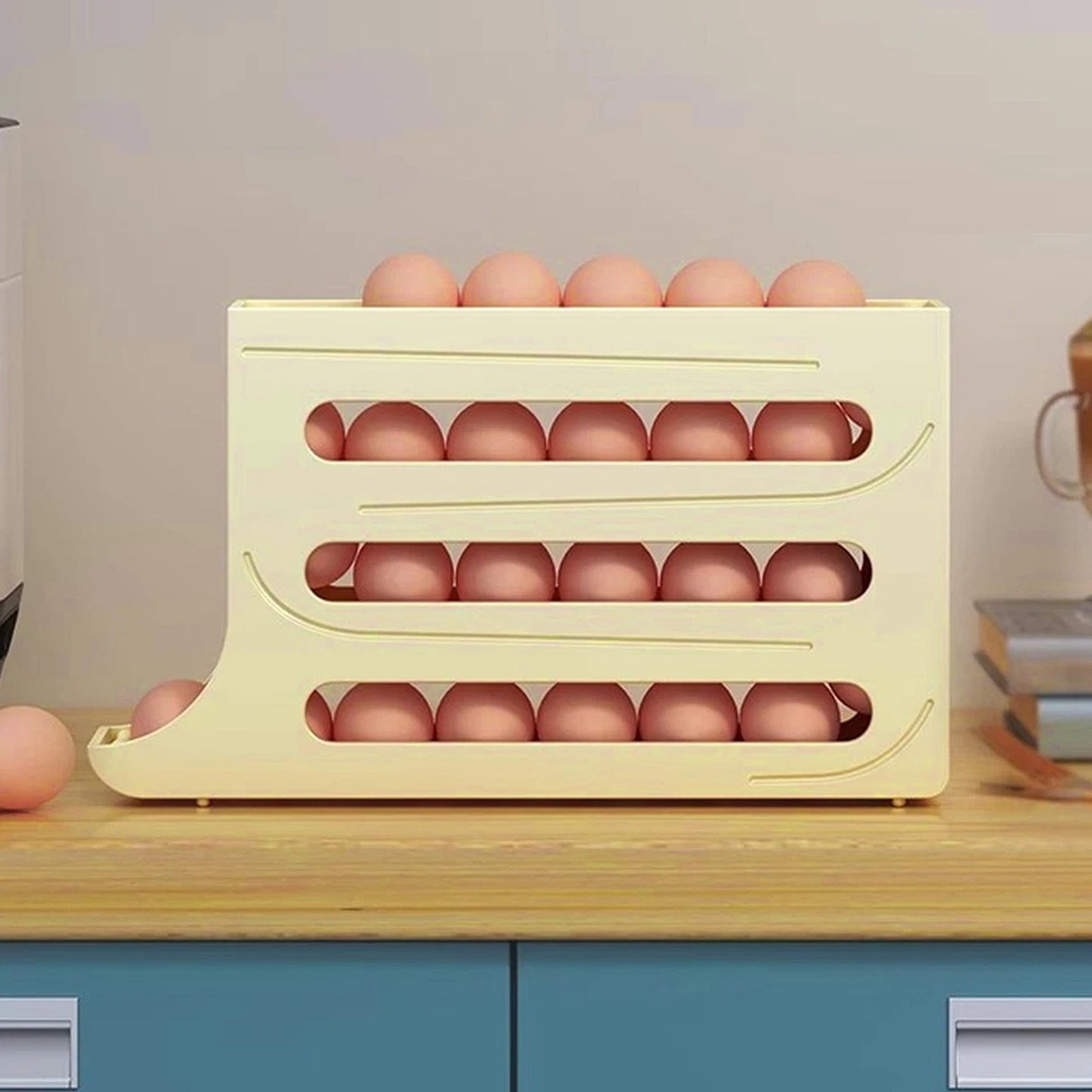 Cream 4-Tier Automatic Egg Dispenser Storage Rack for Refrigerator