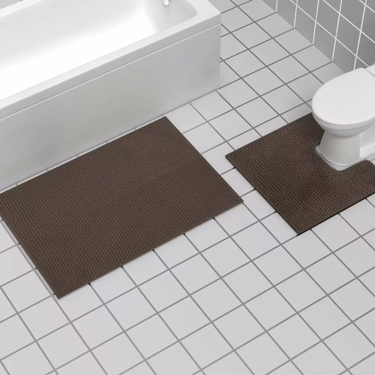 Choco Brown Soft Chenille Bathroom and Toilet Floor Mat Set 2 Pieces