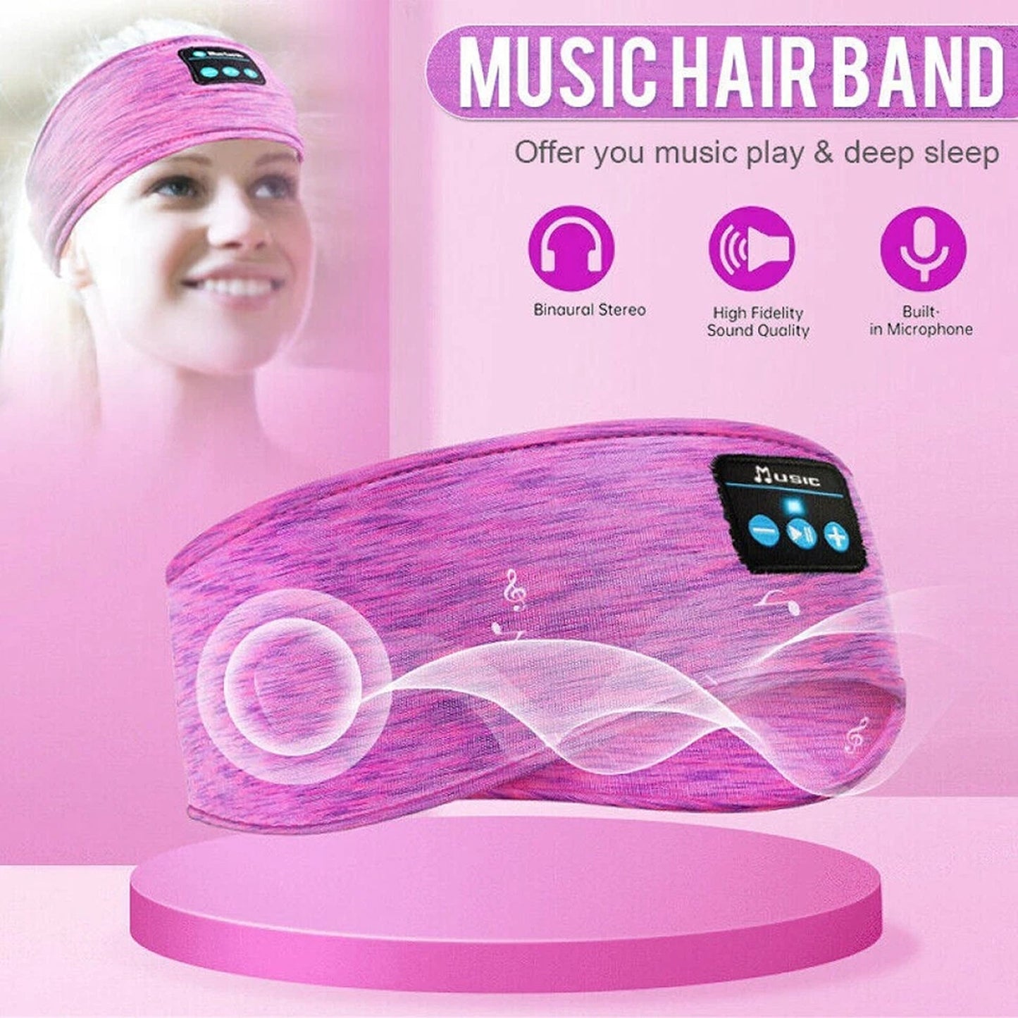 Hot Pink Bluetooth Sleep Headband with Wireless Headphones