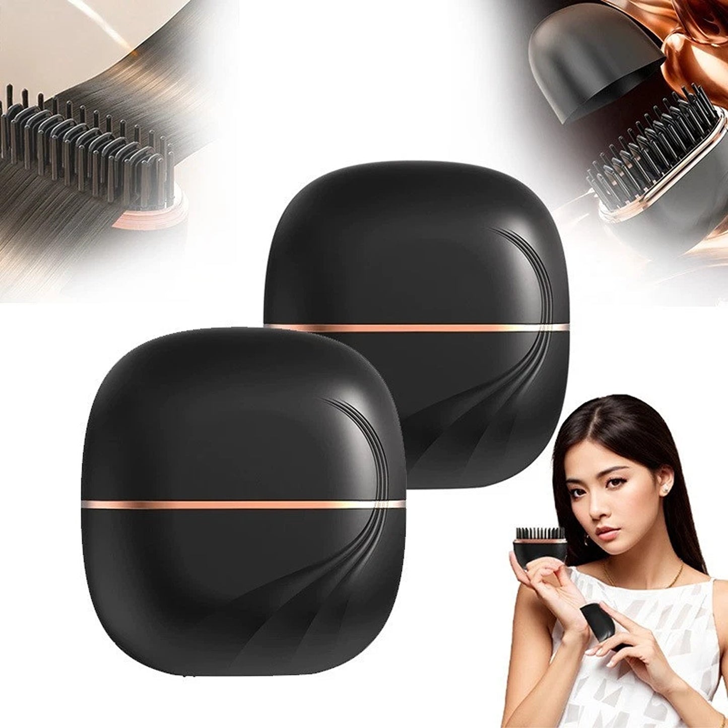 Black USB Rechargeable Hair Straightener Comb Portable Hot Brush 2 In 1