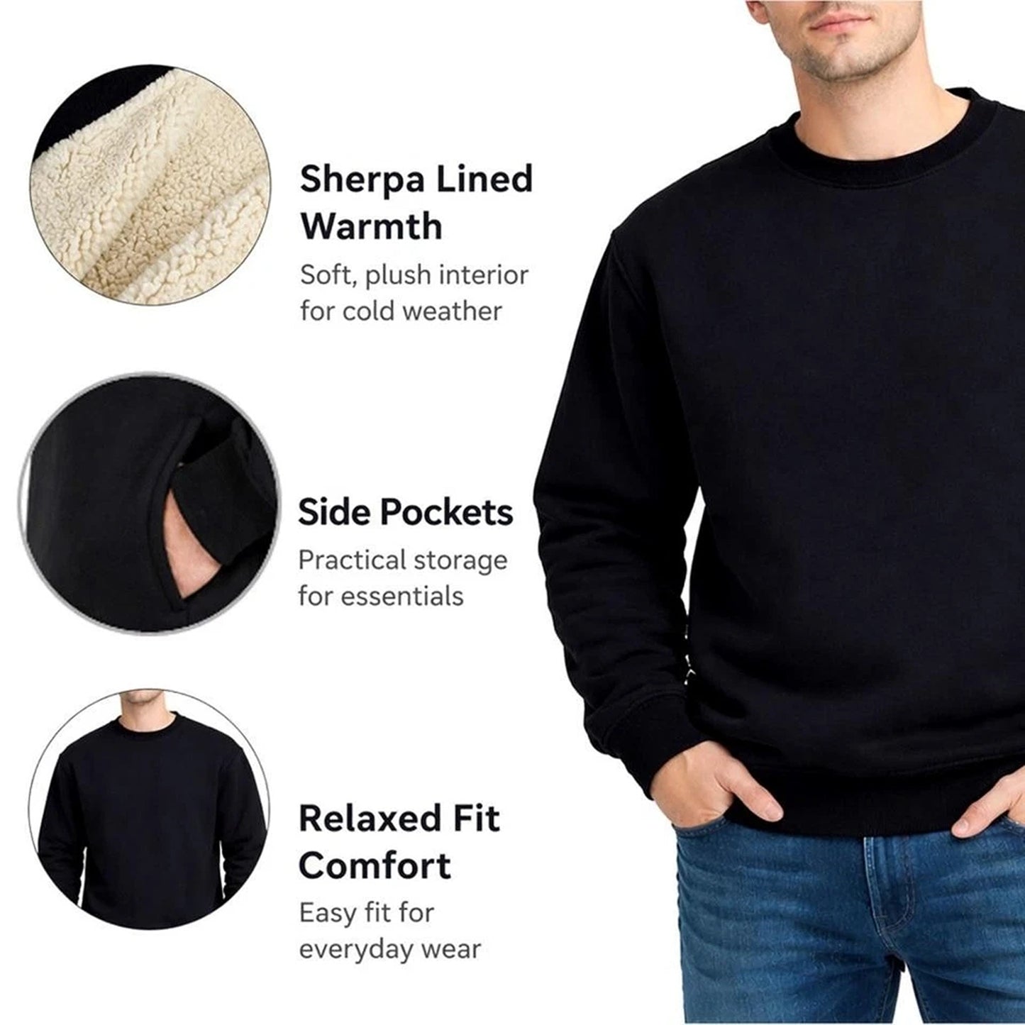 Black Unisex Sherpa Fleece Lined Crewneck Sweatshirt