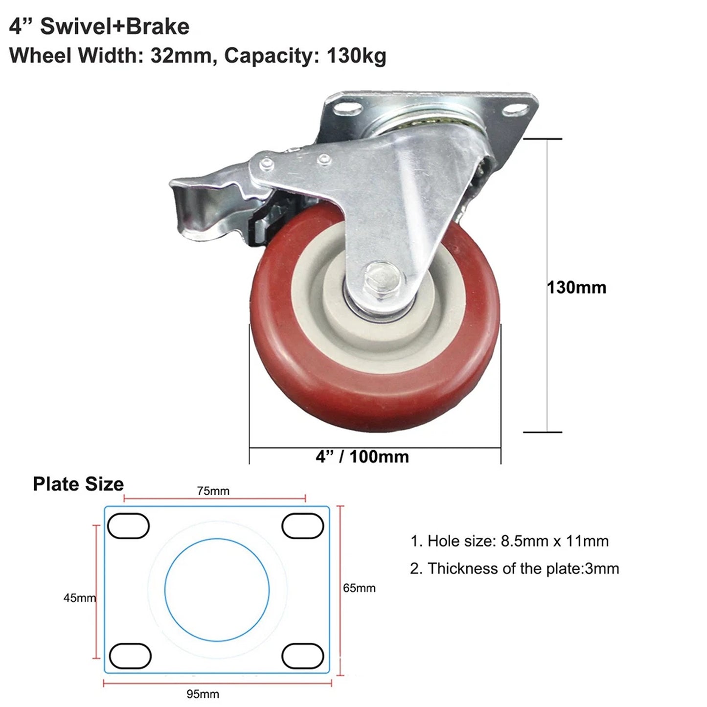 2 Pack Heavy Duty 4 Inch 100mm Swivel Caster Wheels With Brake 130kg