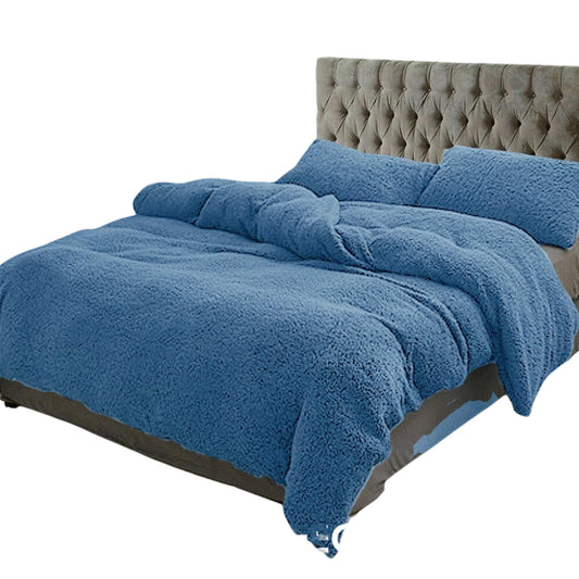 Teddy Bear Fleece Quilt Doona Duvet Cover Set - Blue