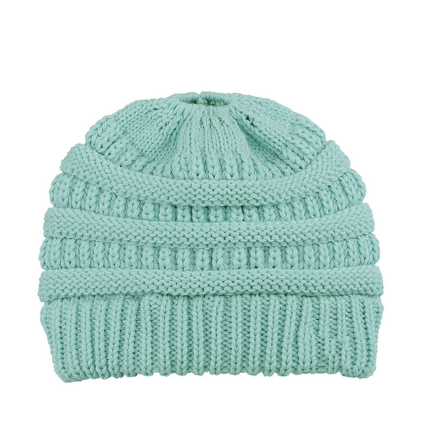 Ponytail Beanie Winter Stretch Cable Knit Hat - Sky Blue