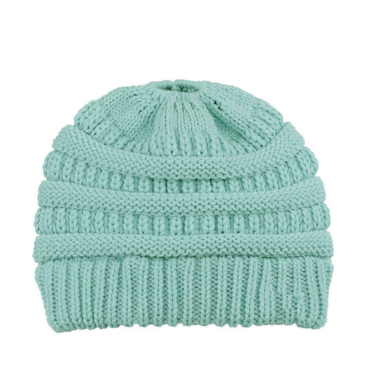 Ponytail Beanie Winter Stretch Cable Knit Hat - Sky Blue