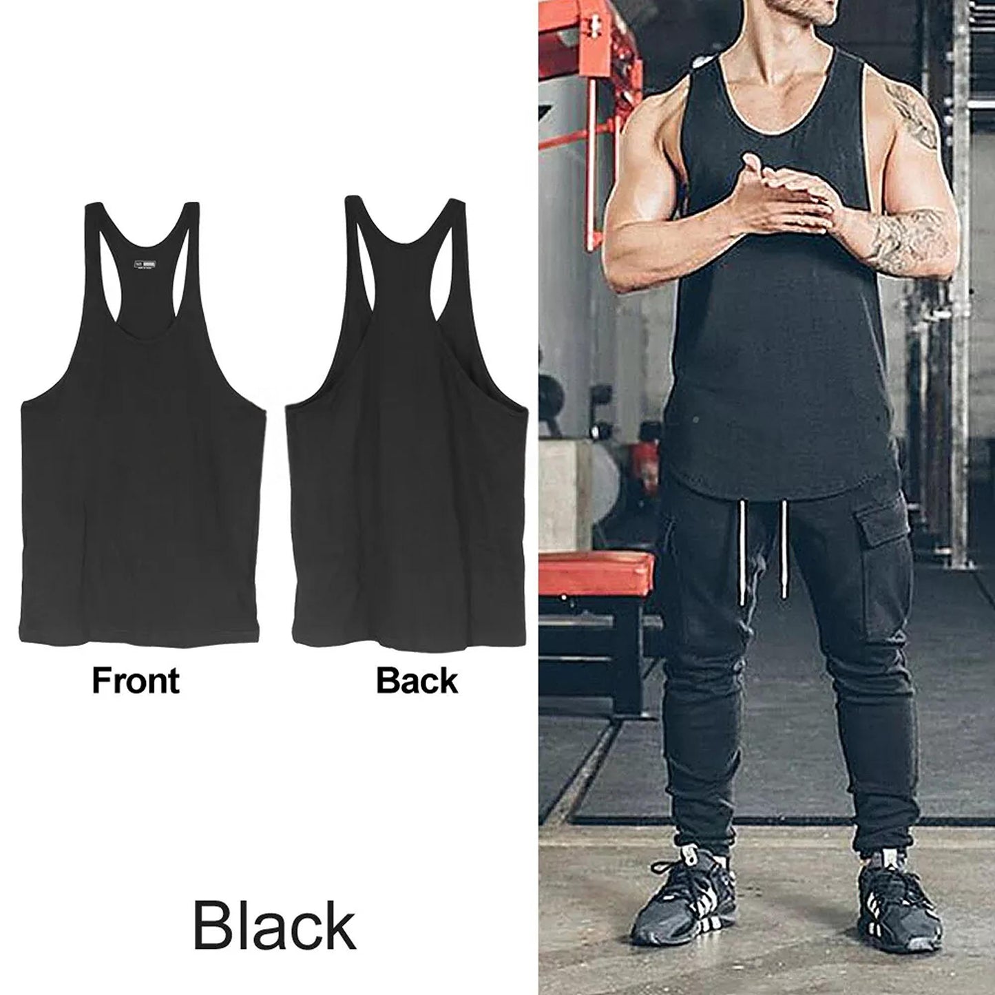 Mens Muscle Tank Top Sleeveless Sport Singlet Vest - Black