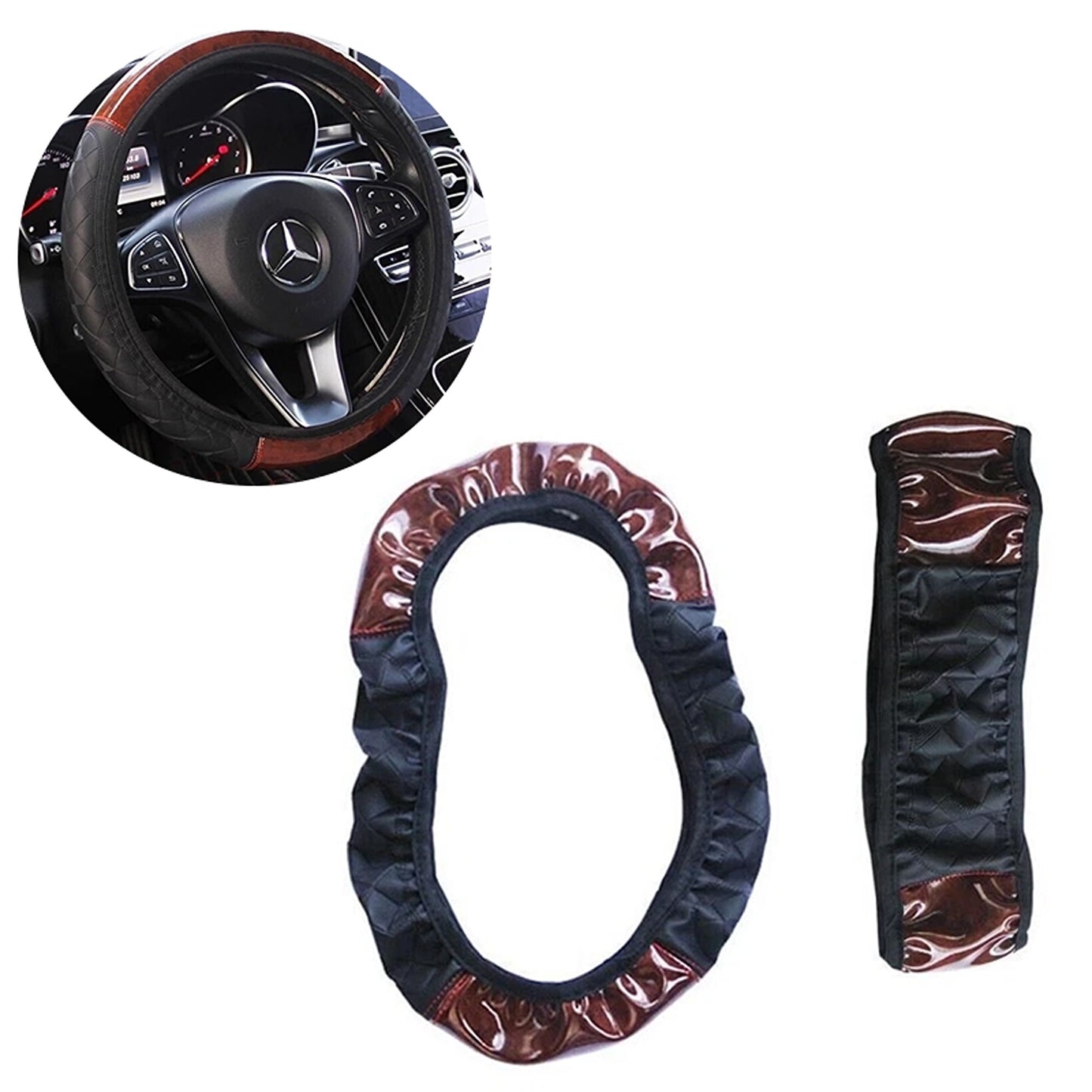 Car Steering Wheel Cover in Mahogany Wood Style PU Leather