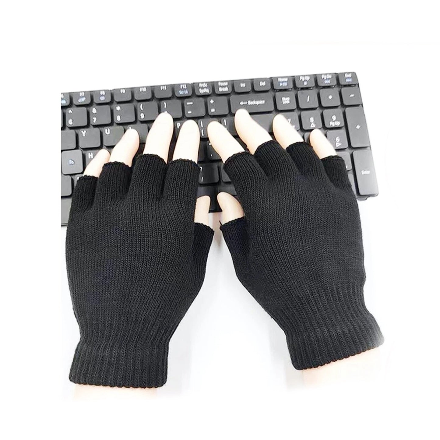 Black Fingerless Knitted Winter Warm Gloves Soft Half Finger Mittens Unisex