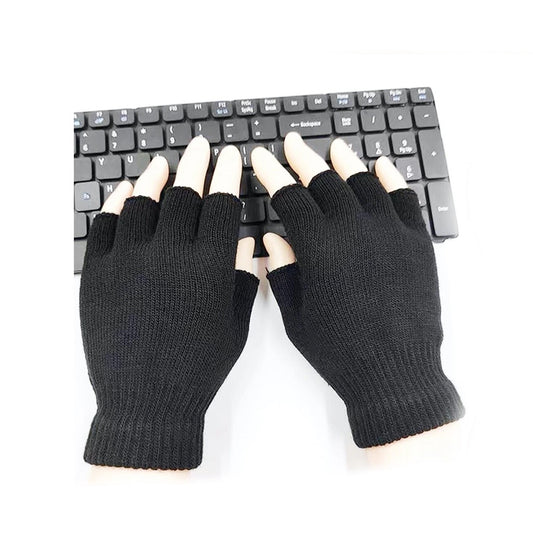 Black Fingerless Knitted Winter Warm Gloves Soft Half Finger Mittens Unisex
