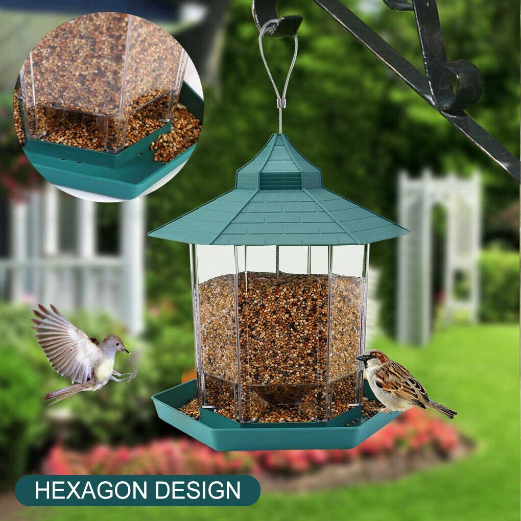Green Waterproof Outdoor Garden Hanging Bird Seed Container Feeder