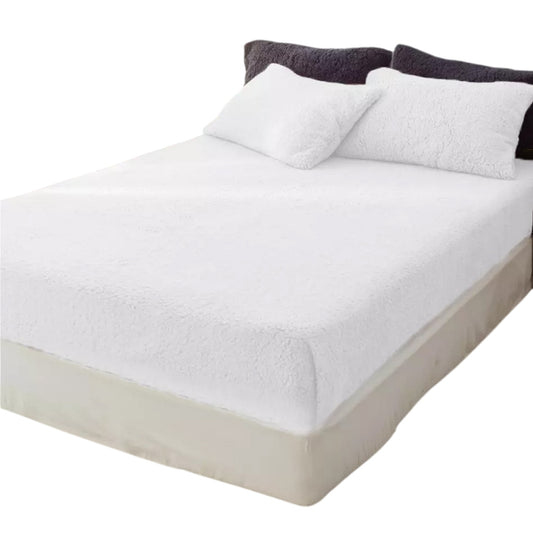 Soft Warm Fleece Fitted Sheet with Pillowcase Teddy Bear Fabric - White