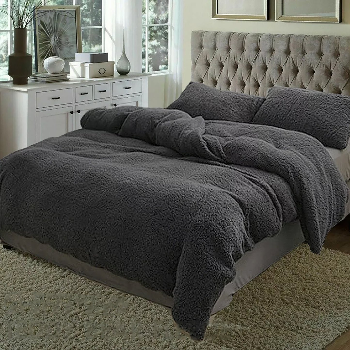 Teddy Bear Fleece Quilt Doona Duvet Cover Set - Black